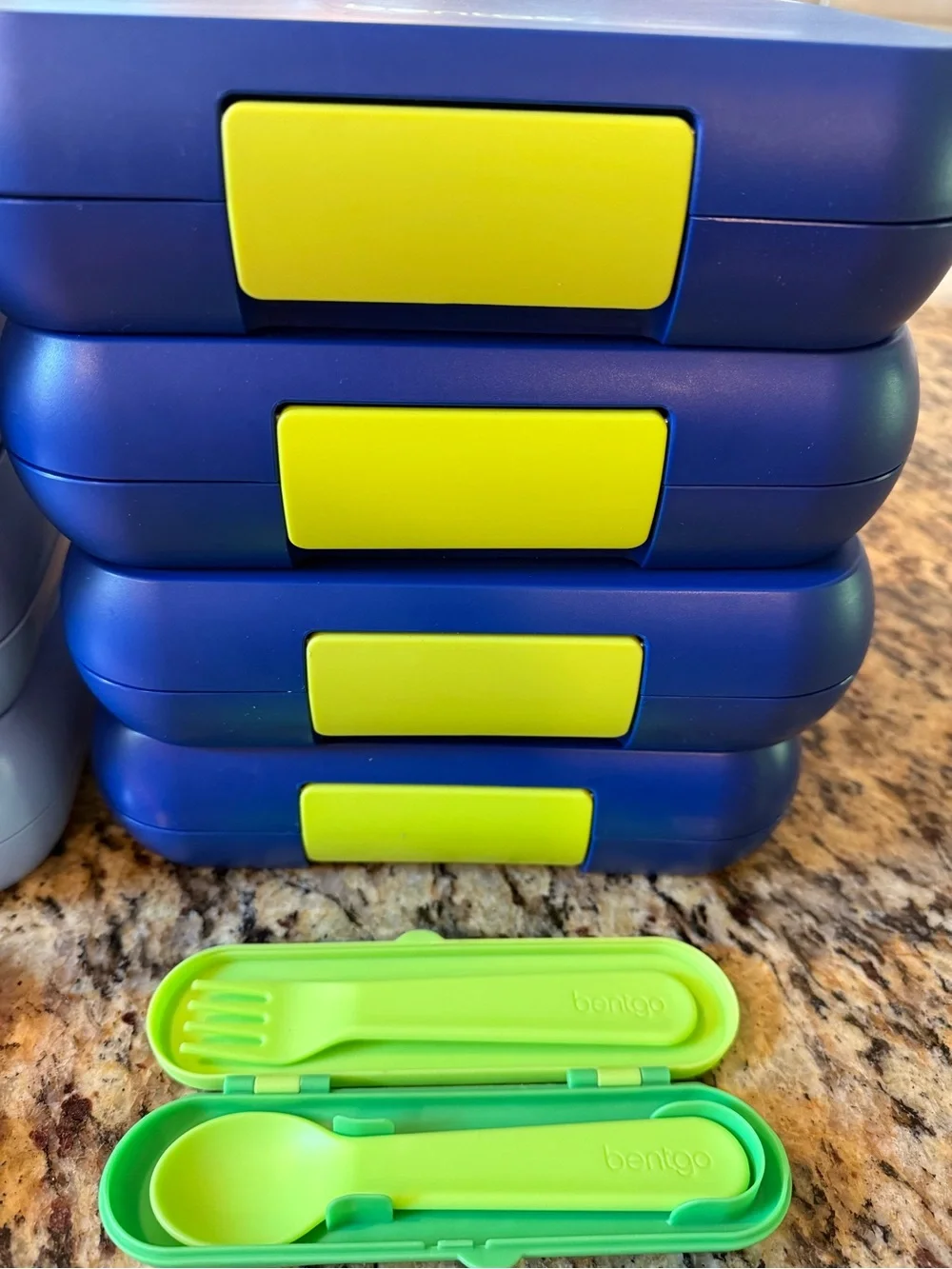 Blue and Lime Stackable Bento Lunch Box - 4 Pack & cutlery set